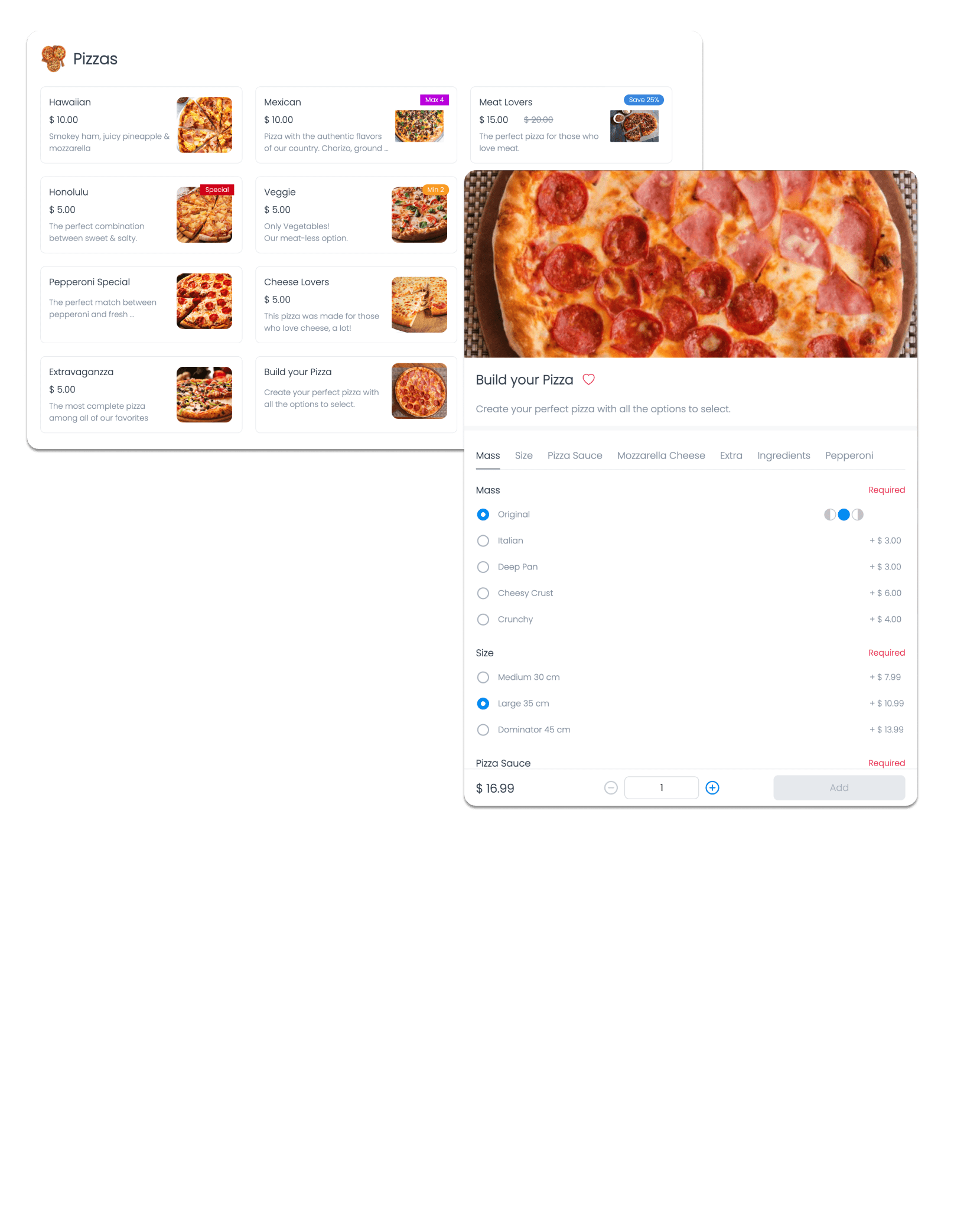 Pizzas and Product Options
